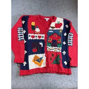 VTG Christina Novelty Knit Cardigan Womens XL Red Patchwork Grandma Cottagecore